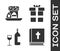 Set Holy bible book, Easter cake and eggs, Wine bottle with glass and Gift box icon. Vector