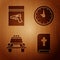 Set Holy bible book, Evidence bag and pistol or gun, Police car and flasher and Clock on wooden background. Vector