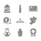 Set Holy bible book, Funeral urn, Memorial wreath, Dove, Angel, Grave with cross, and Tombstone RIP written icon. Vector