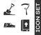 Set Holy bible book, Shovel in the ground, Hearse car and Scythe icon. Vector