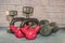 A set of home fitness kettle and dumbbell weights