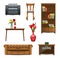 Set of home furniture for interior.  Sofa, armchair, bookshelf, chair, table, vase of flowers and nightstand