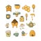 Set of honey and beekeeping outlined icons. Honey. Beekeeping elements. Beehive, bees, honey, pot, teapot, cup, spoon