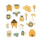 Set of honey and beekeeping outlined icons. Honey. Beekeeping elements. Beehive, bees, honey, pot, teapot, cup, spoon