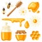 Set of honey items. Image for food and agricultural industry.
