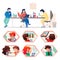 Set of honeycomb icons with businesspeople working, communicating, cartoon characters isolated