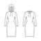 Set of Hoody dresses technical fashion illustration with long sleeves, knee length, fitted body, Pencil fullness. Flat