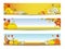 Set of horizontal autumn banners with pumpkins, squash, leaves and cornucopia