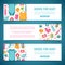 Set horizontal banners with childhood`s patterns. Newborn staff for decorating flyers. Design templates for card