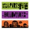 Set of horizontal banners with Happy Halloween party. Invitation with zombie hands, silhouettes cemetery and gravestone.