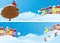 Set of horizontal banners with small fairy town on