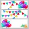 Set of horizontal festive banners. Birthday party hats, bunting flags and balloons