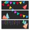 Set of horizontal festive banners. Birthday party hats, bunting flags and streamers