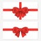 Set of horizontal gift cards with luxury red bows. Decorative gift bows with satin ribbons for wrapping, invitation