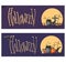 Set of horizontal holiday banners for Halloween with illustration and lettering. Cartoon witch cauldrons, hats, tombstone,