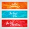 Set of horizontal summer banners with fish, leaf, swimsuit