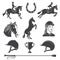 Set of Horse riding sport icon. Vector illustration. Vintage monochrome equestrian icon, sign with rider, horseshoe