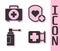 Set Hospital signboard, First aid kit, Medical bottle with nozzle spray and Shield and heart rate icon. Vector.