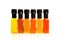 Set of Hot Chili Sauce glass bottles on white background.