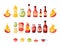 Set of Hot Sauces in Jars, Bottles, Bowls, Red Chili Pepper in Fire, Wasabi, Mustard in Tube, Bbq or Soy Condiments