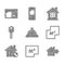 Set Hotel service bell, House plan, Sale house, under protection, key, and Online real estate icon. Vector