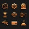 Set Hourglass and gear, Credit card, Mountains flag, POS terminal, Magnifying for search people and Lead management icon