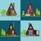 Set of house icons or symbols.Triangular brick and wood houses. Flat design vector illustration