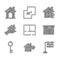 Set House plan, Sale house, Hanging sign with Rent, Garage, key, Realtor, and icon. Vector