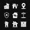 Set House, with shield, Map pointer house, Home symbol, Garage, and percant discount tag icon. Vector