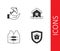 Set House with shield, Umbrella in hand, Life jacket and flood icon. Vector