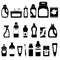 Set of household chemicals and cosmetics, silhouettes on white background, vector illustration, bottles and tubes