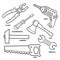 Set of household tools. Cartoon images of saw, wrench, pliers, hammer, axe, screwdriver, drill on white background. Coloring book