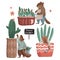 Set about houseplant. Little cartoon beavers take care about green plants in pots