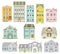 Set of houses and apartment buildings, country houses, wooden houses, family houses, illustration