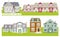 Set of houses and apartment buildings, country houses, wooden houses, family houses, illustration