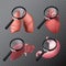 Set of human body organs with a magnifying glass - lungs, heart, liver, stomach. 3D realistic vector illustration on a transparent