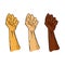 Set of human hands in a fist with different skin colors. Vector illustration fist. Fist up hand drawn