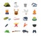 Set of hunter, fisherman objects, equipment, structures, equipment, clothing, accessories.