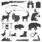 Set of Hunting equipment and animal icon silhouette. Vector. Set include deer, bear, boar, goat, turkey, duck, goose