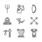 Set Hunting horn, Harp, Medusa Gorgon, Crossed arrows, Gallows, Cyclops, Medieval bow and Neptune Trident icon. Vector