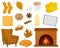 Set Hygge autumn vector illustration. Fireplace armchair pillow socks coffee cinnamon biscuit book candle slippers pie