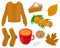 Set Hygge autumn vector illustration. Sweater socks tea sea buckthorn cookies pumpkin pie leaves
