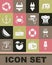 Set Ice cream, Barbecue grill, Bodybuilder muscle, Swimsuit, Crab, Anchor, Rubber swimming ring and Water gun icon