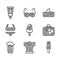 Set Ice cream, Bodybuilder muscle, Suitcase, Wooden beer mug, Swimsuit, Shark fin in ocean wave and Sunscreen tube icon