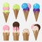 Set of Ice cream cone vector flat illustration. ice cream, chocolate and cones. Blueberry, Pistachio