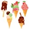 Set of Ice cream cones with glaze, Chocolate, strawberry and che