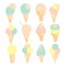 Set of ice cream cones in mint, pink and yellow colors