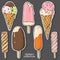 Set of ice cream of different types. Colorful, stylish stickers.