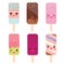 Set ice cream, ice lolly Kawaii with pink cheeks and winking eyes, pastel colors on white background. Vector