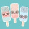 Set ice cream, ice lolly Kawaii with sunglasses pink cheeks and winking eyes, pastel colors on light blue background. Vector